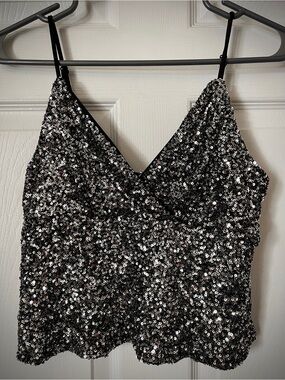 MONTEAU Los Angeles • sequined silver babydoll crop cami top festival party glam